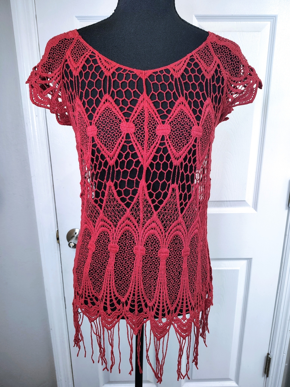American Rag Cie Womens Boho Crochet Cotton Top Pink Fuchsia Fringe Fairy Small
